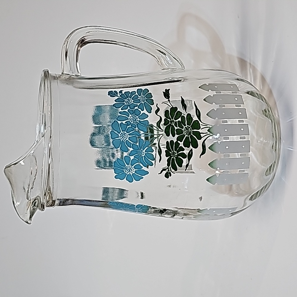 Vintage Blue Floral White Picket Fence Handled Pitcher w/ Ice Lip